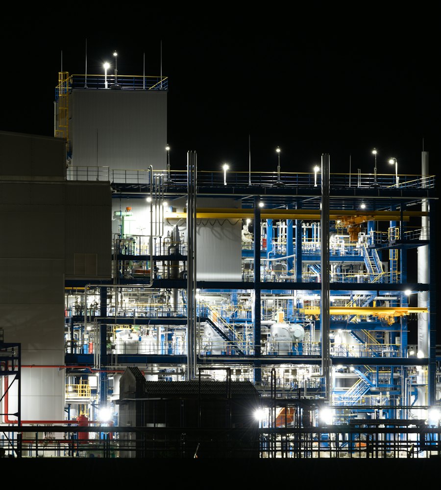 Industrial chemical plant illuminated at night