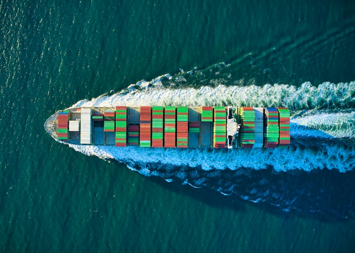 Aerial view of a container ship at sea