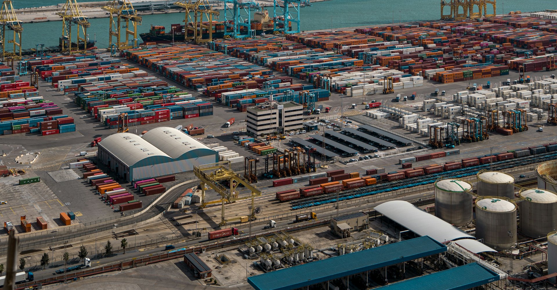 Aerial view of a busy container port