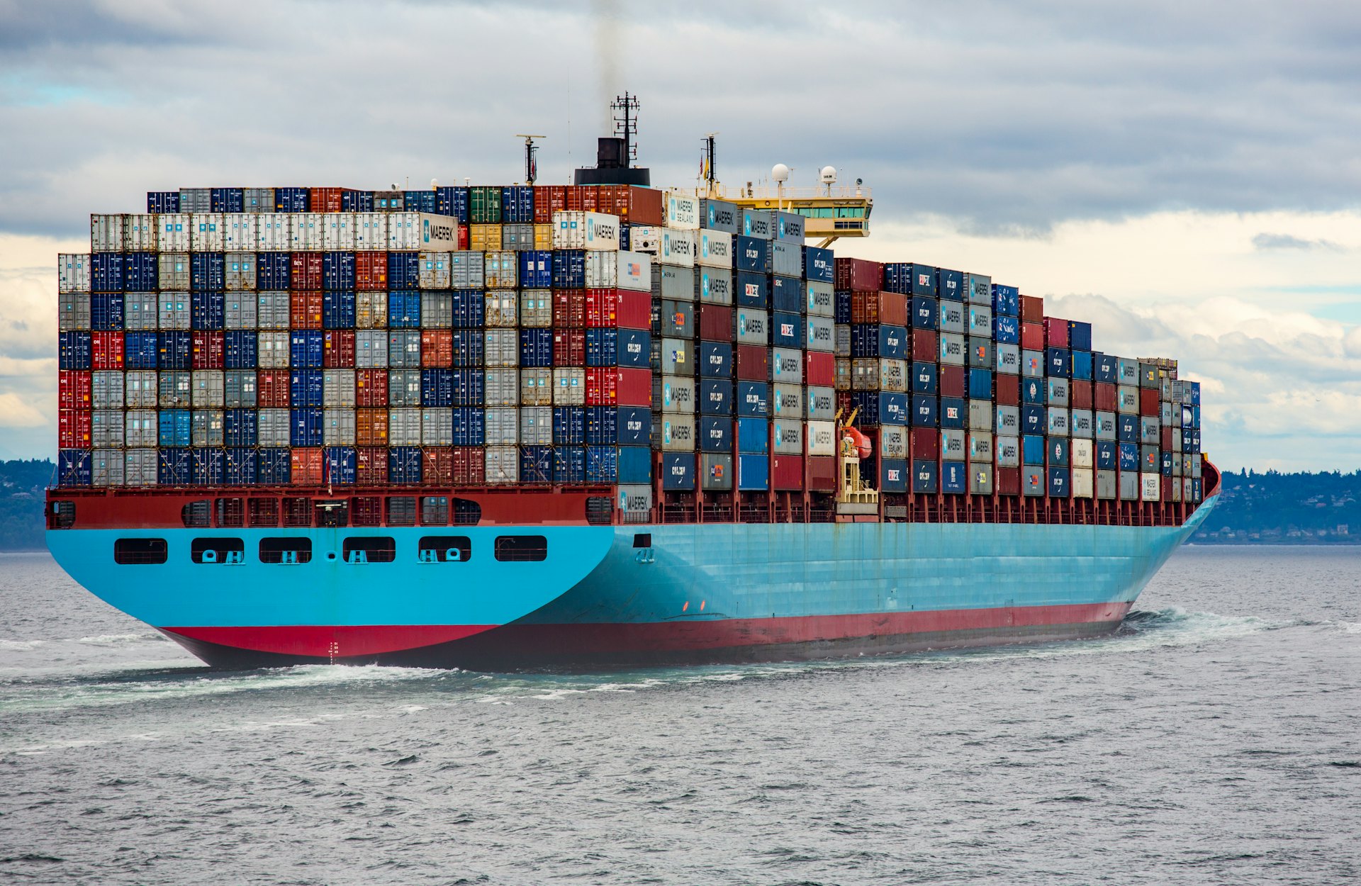 Container ship fully loaded at sea