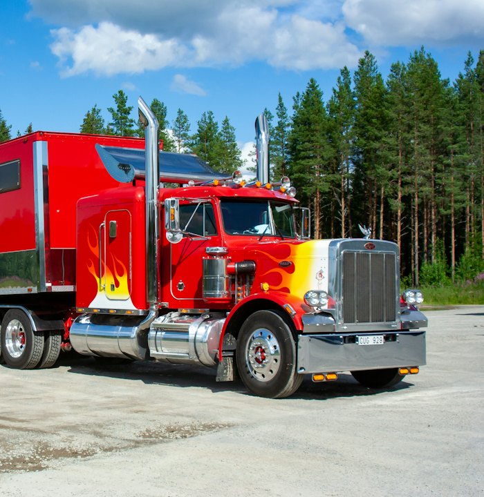 Red freight truck parked beside a forest