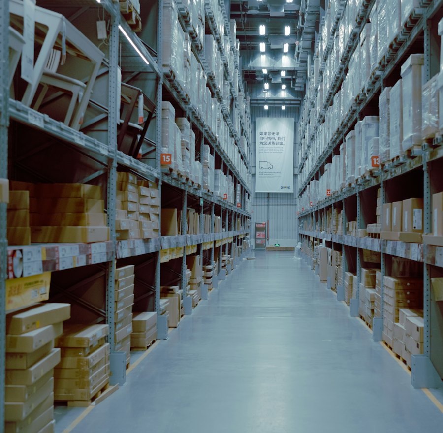 Warehouse aisle lined with high racks